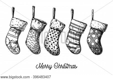 Set Of Christmas Socks. Different Socks Isolated On White Background. Sketch, Vector