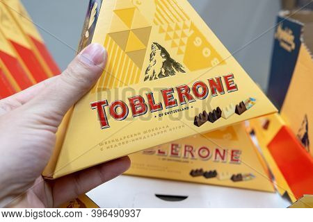 Tyumen, Russia-november 07, 2020: Toblerone Milk Chocolate With Honey And Almond Nougat. Toblerone I