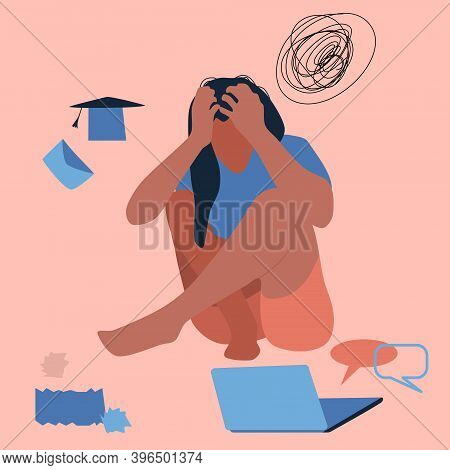 Creative Fatigue. Young Woman Sits On The Floor, Clutching Her Head.professional Burnout, Dismissal,