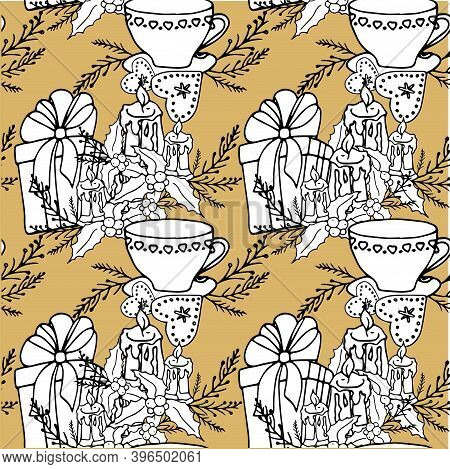 Winter Holiday Seamless Pattern. Gift Box Candle Holly Cup White Outline On Craft Paper Art Design E