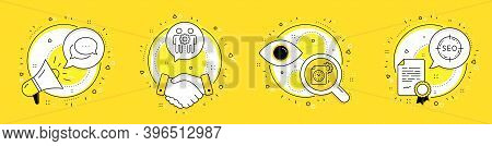 Dots Message, Project Deadline And Employees Teamwork Line Icons Set. Megaphone, Licence And Deal Ve
