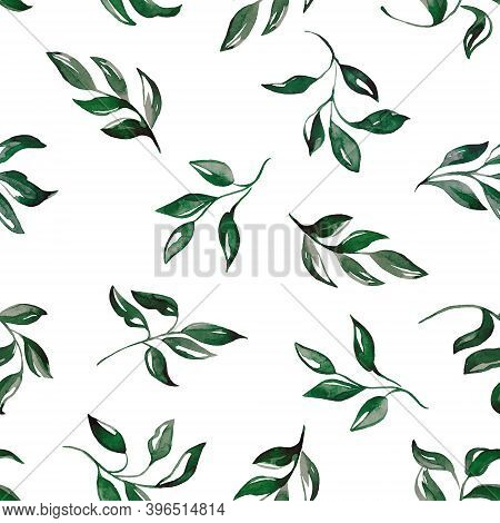 Seamless pattern with green branches. Watercolor handmade illustrations.