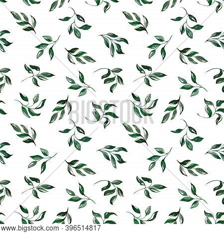 Seamless pattern with green branches. Watercolor handmade illustrations.