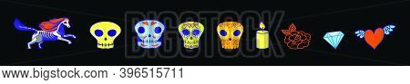 Set Of Day Of The Dead Horse Cartoon Icon Design Template With Various Models. Modern Vector Illustr