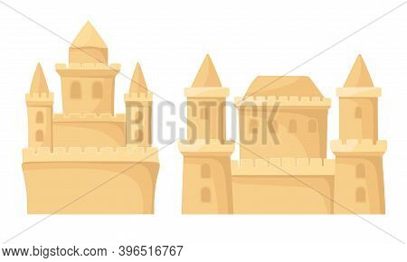 Built Sand Castle With Towers And Windows Vector Set
