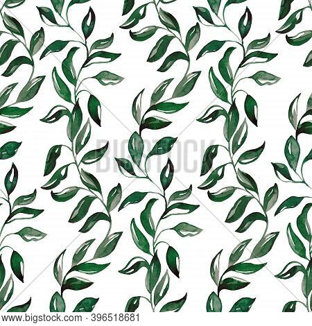 Seamless pattern with green branches. Watercolor handmade illustrations.