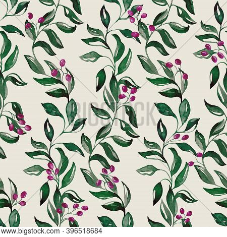 Seamless pattern with branches and berries. Watercolor handmade illustrations.