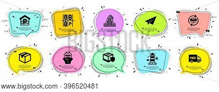 Transportation Icons Set. Speech Bubble Offer Banners. Vector Coupon Badge. Included Icon As Deliver