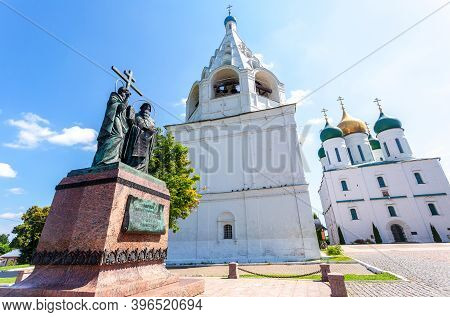 Kolomna, Russia - July 7, 2020: Monument To Slavic Enlighteners Cyril And Methodius On The Cathedral