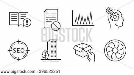 Fan Engine, Line Graph And Hold Box Line Icons Set. Thoughts, Facts And Wrong File Signs. Buildings,