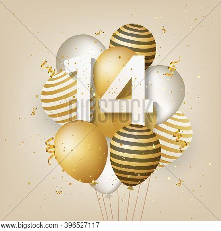 Happy 14th Birthday With Gold Balloons Greeting Card Background. 14 Years Anniversary. 14th Celebrat