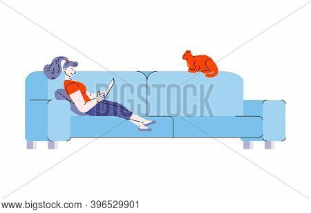 Cartoon Woman Sitting On Blue Sofa Looking At Tablet Screen And Smiling - Young Girl Relaxing At Hom