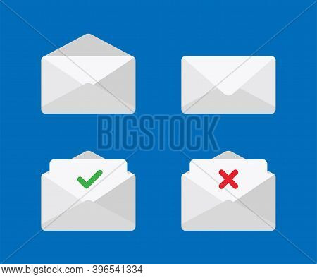 Paper Envelope Mails. Vector Flat Illustration. Send New Message Check Mark Cross. Delivery Of Corre
