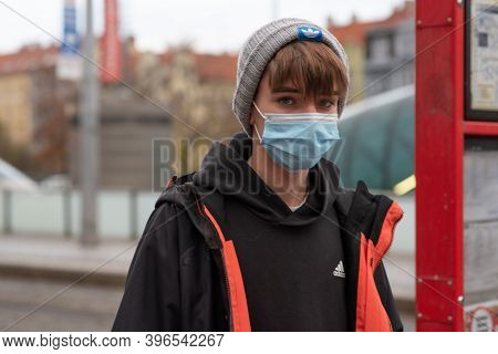 11-23-2020. Prague, Czech Republic. People Walking And Talking Outside During Coronavirus (covid-19)