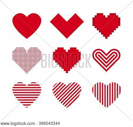 Red Heart Icons. Vector Isolated Set Of Heart Set. Love Symbol Elements. Stock Vector.