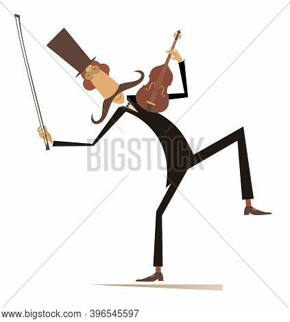 Long Mustache Man In The Top Hat With Violin And Fiddlestick Isolated On White Illustration