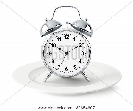 Alarm Clock On Plate Isolated
