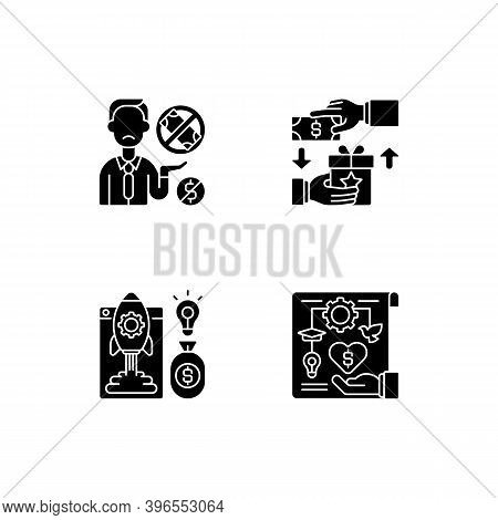 Crowdfunding Issues Black Glyph Icons Set On White Space. Reward Based Crowdfunding. Donor Exhaustio