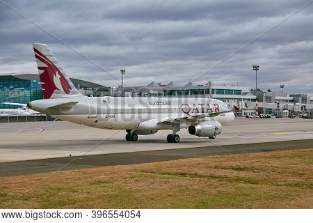 BUDAPEST, HUNGARY - CIRCA 2016: Airliner of Qatar Airways taxiing at Budapest Liszt Ferenc Airport