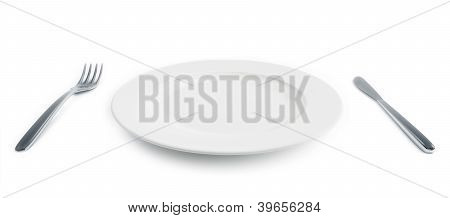 Empty Plate With Fork And Knife Isolated