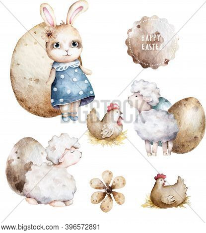 Hand Drawn Watercolor Happy Easter Set With Bunnies Design. Rabbit Bohemian Style, Isolated Boho Ill