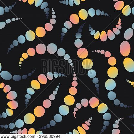 Geometric Kaleidoscope Seamless Pattern. Multi-colored Round Peas Of Different Sizes On Black Backgr