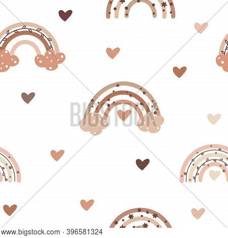 Cute Seamless Pattern In Nordic Colors With Sweet Rainbows And Heart Shaped Elements Isolated On Whi