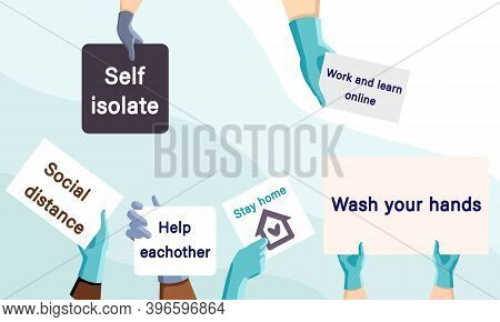 Hands In Medical Gloves On Blue Backdrop. Quarantine Slogans For Social Banner Or Propaganda, Hygien