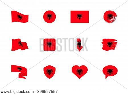 Albania Flag - Flat Collection. Flags Of Different Shaped Twelve Flat Icons.