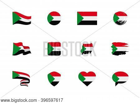 Sudan Flag - Flat Collection. Flags Of Different Shaped Twelve Flat Icons.
