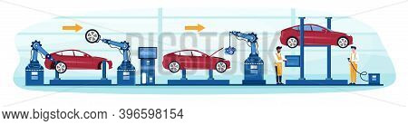 Process Of Automated Car Production. Wehicle Parts On The Machinery Line With Robotic Hands And Dive