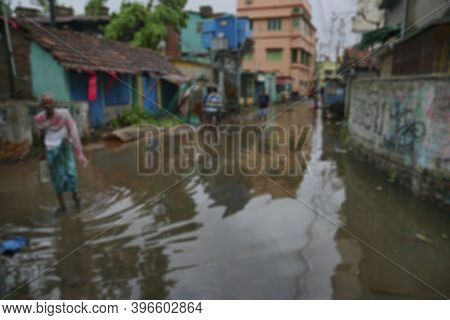 Blurred Image Of Rain Water Logged Road, Due To Super Cyclone Amphan. The Devastation Has Made Many 