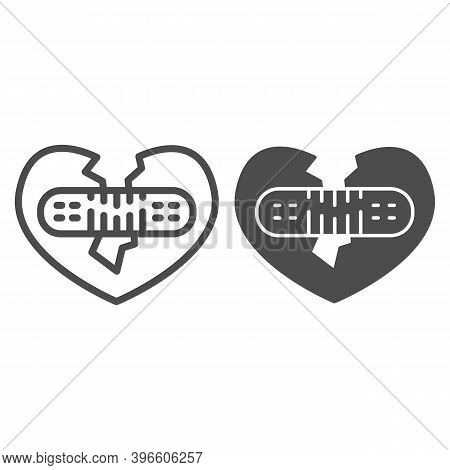 Broken Heart Fix Line And Solid Icon, Valentine Day Concept, Two Half Heart Glued With Plaster Toget