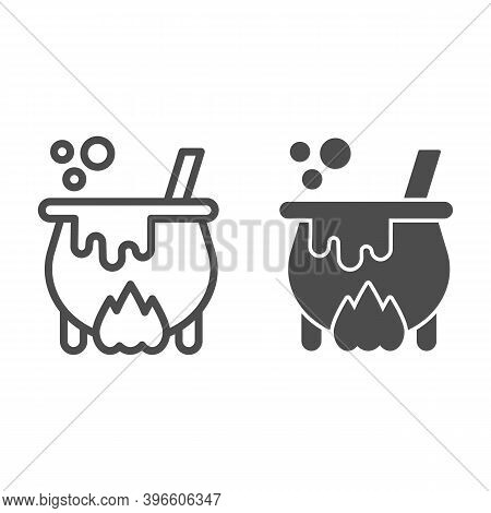 Cauldron With Magic Potion On Fire Line And Solid Icon, Halloween Concept, Witch Pot Of Boiling Poti