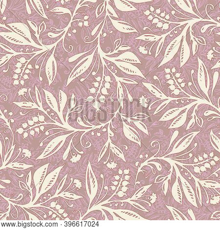 Floral Seamless Pattern With Leaves And Berries In Chartreuse Green, Pink, Cream And Taupe Colors, H