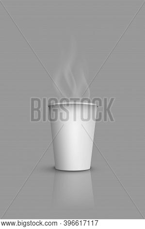 Paper Cup For Coffee Or Hot Tea With Steam. Takeaway Caffeine From Cafe In White Container Vector Il