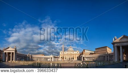 Rome, Italy - May 18, 2016: Panoramic view of St. Peter's Square (Piazza San Pietro), one of the most visited travel destination in Italy, with St. Peter's Basilica and ancient Egyptian obelisk
