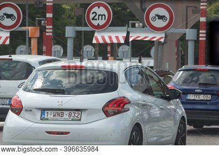 Reims - France, August 18, 2019 : Cars Waiting To Pay At The Tollbooth