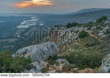 Sunset View Of Western Galilee Landscape, With The Mediterranean Sea, In Adamit Park, Northern Israe