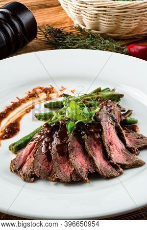 Flank Steak With Chimichurri Sauce. Healthy Food. Style Vintage. Skirt Steak Vertically