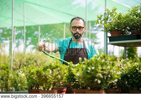 Front View Of Man Watering Pot Plants From Hose. Concentrated Middle-aged Gardener In Apron And Eyeg
