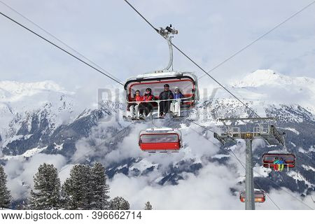 Zell Am Ziller, Austria - March 14, 2019: People Visit Zell Am Ziller Ski Resort In Tyrol Region, Au