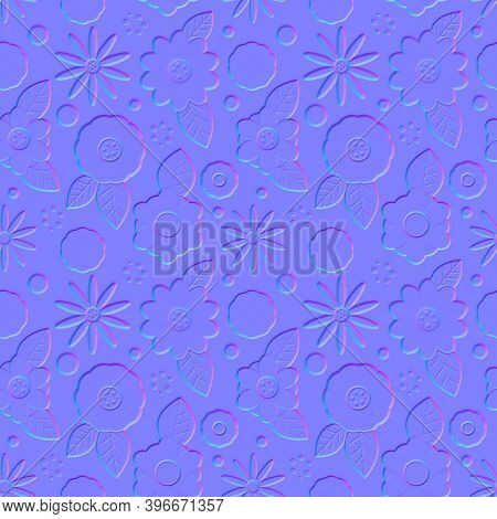 Normal Map Of Abstract Flowers, Seamless Pattern Normal Texture For Use In 3d Programs, 3d Render