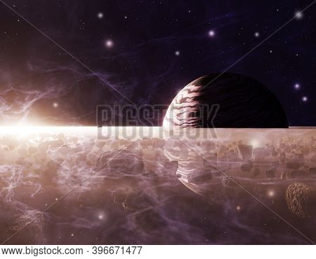 Planet Saturn Or Jupiter Close-up With Meteorites Ring And Sun In Haze, 3d Illustration