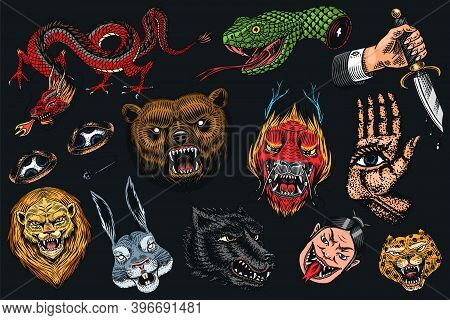 Set Of Fashion Patches. Tattoo Artwork. Bear Dragon Lion Snake Dagger Hare And Astrological Hand. Dr