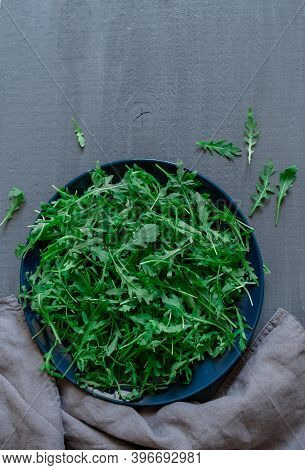 Plate Arugula Greens Gray Background Copy Space