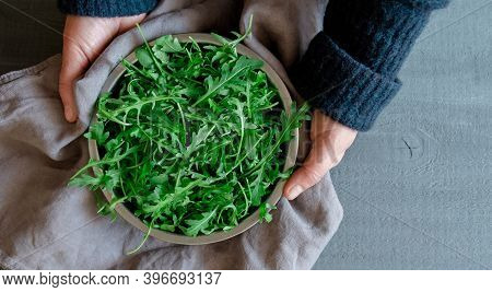 Plate Arugula Green Hand Gray Background Copy Space Tidewater Colour