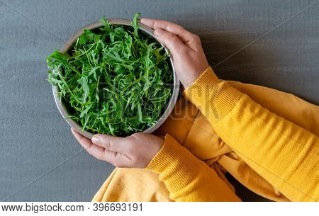 Plate Arugula Green Hand Yellow Gray Background Copy Space Fortuna Gold Colour