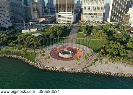 Miami, Florida - November 26, 2020 - Aerial View Of City Of Miami And Bayfront Park On Sunny Autumn 