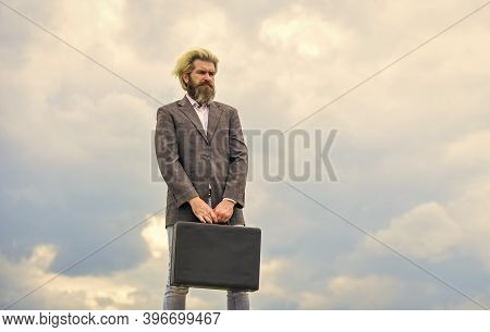 Waiting For Future. Bearded Man Show Office Briefcase. Good Business Deal. Successful Business Conce
